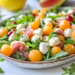 Insalata di melone con prosciutto di pollo mozzarella e rucola