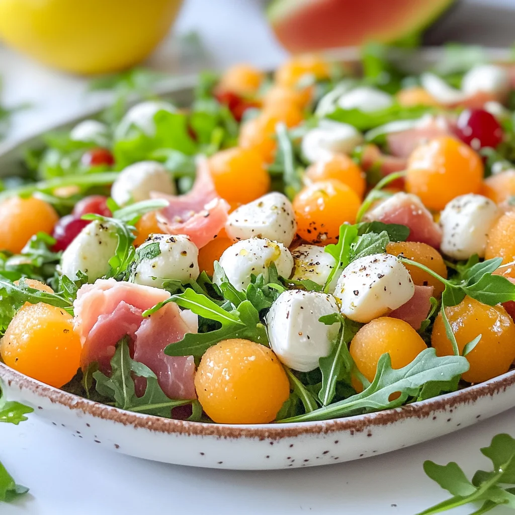 Insalata di melone con prosciutto di pollo mozzarella e rucola